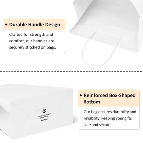 25 Pack White Gift Bags With Handles, 8 x 4.25 x 10.5 Inch Kraft Paper Gift Bags For Gifts And Shopping, featuring handle and bottom design