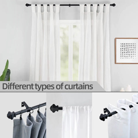 Heavy Duty 5/8 Inch Curtain Rods 30 To 46 Inch Black Finish 2 Pack showing different types of curtains in use