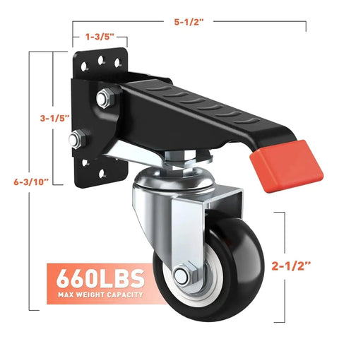 4 Pack Workbench Casters Kit With Retractable Heavy Duty Wheels 660 Lb Capacity showing dimensions and weight label