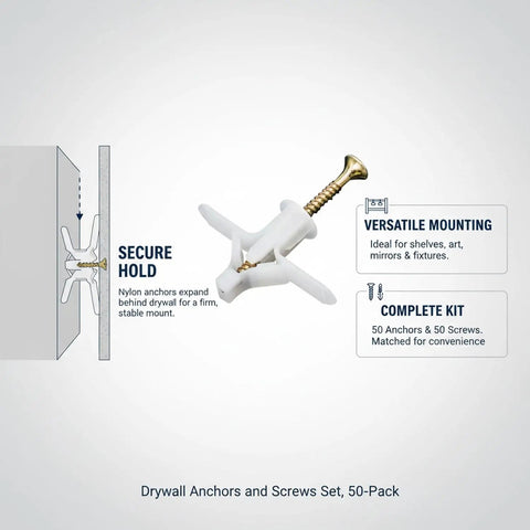 Diagram of 50 Pack M8 Nylon Drywall Anchors with Zinc Plated Screws showing secure hold in wall