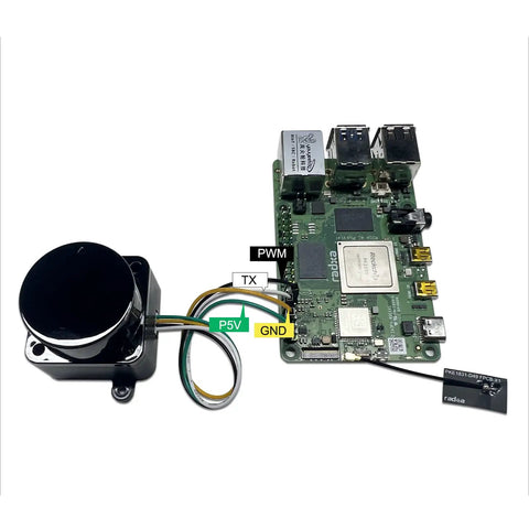 360 Degree 2D Lidar Distance Sensor Kit With 12 Meter Range And 10 Hz Scan Rate connected to a circuit board for robotics projects