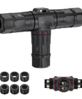 Heavy Duty M23 Three Way T Shape Junction Box With Tank Ready IP68 Waterproof Seal, Pro Grade Outdoor Electrical Wire Splitter, 500 Volt 35 Amp, Straight Fit Setup For Cables Seven To Fifteen Millimeters Wide, shown with grommets.