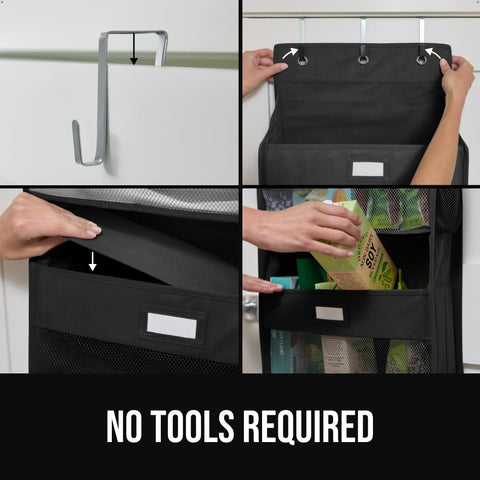 Heavy Duty Over The Door Organizer With Five Deep Hanging Shelves For Closet Shoe And Bathroom Vanity Storage Holds Fifty Pounds Rock Solid Dorm Life Upgrade Black showing hooks and storage pockets.