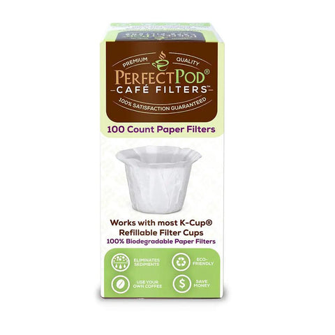 Disposable Paper Filters For Reusable K Cup Pods That Fit All Brands And Refillable Capsules, box of 100 biodegradable filters.