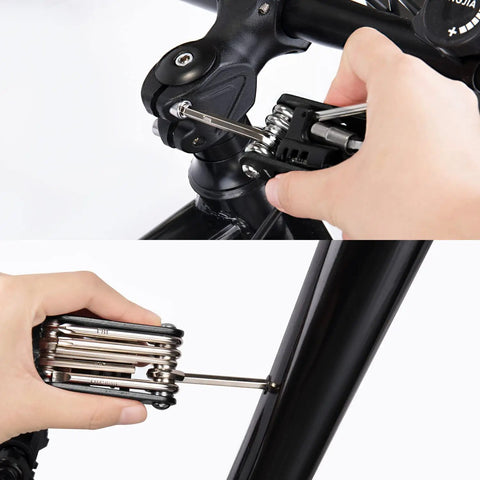 Using the 14 In 1 Bike Repair Tool Kit With Under Seat Saddle Bag for Road Mountain and Commuter Bikes to adjust bike components.