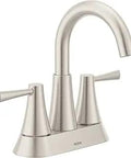 Spot Resist Brushed Nickel Two-Handle Widespread Modern Bathroom Faucet With Easy Install Duralock Quick Connect Fits 8 To 16 Inch Center Spacing Fingerprint And Water Spot Resistant Finish Valve Included in brushed nickel with two handles and an arched spout.