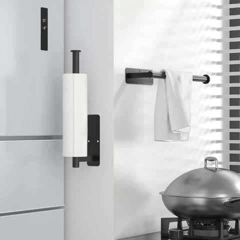 No Drill Under Cabinet Paper Towel Holder With Self Adhesive Wall Mount for Kitchen Rack in matte black finish near kitchen counter.