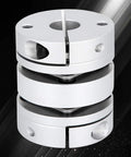 White aluminum alloy shaft coupling, clamp-style two-piece with screws