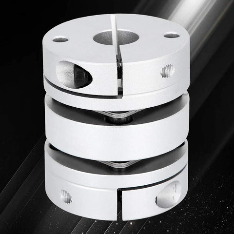 White aluminum alloy shaft coupling, clamp-style two-piece with screws