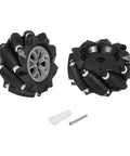 MECCANIXITY Mecanum wheel set, two black 97mm ABS rubber wheels with grey hubs and white rollers, with couplings