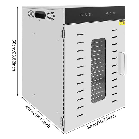 Dimensions of the Heavy Duty Food Dehydrator Machine Featuring Rock Solid Stainless Steel Trays with digital touch panel.