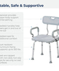 PreserveTech 360 Degree Swivel Shower Chair with Arms and Back, padded seat, aluminum frame, non-slip feet for bathroom safety.