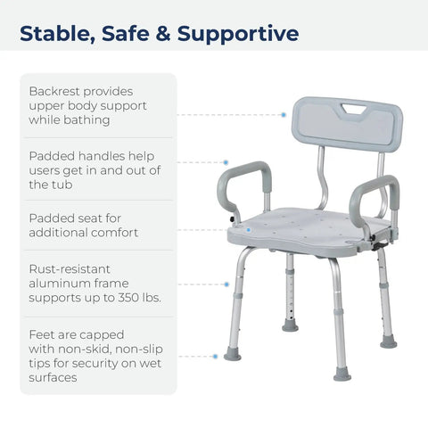 PreserveTech 360 Degree Swivel Shower Chair with Arms and Back, padded seat, aluminum frame, non-slip feet for bathroom safety.