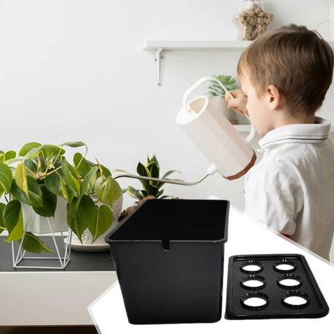 Child watering plants beside 6 Hole Hydroponic Growing Box System For Vegetables Fruits And Flowers Indoor Outdoor Garden Kit