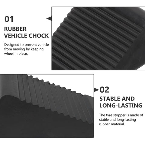 Heavy Duty Rubber Wheel Chocks Set Of 4 For Cars Trailers Trucks And RC Vehicles Grippy Non Slip Tire Stoppers shown close-up