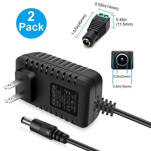 12V 2A LED Power Supply 24W AC To DC Adapter For LED Strip Lights 100-240V AC Input 12V DC Output Non Dimmable Wall Plug With 3.93 Ft Cord And 5.5mm And 2.1mm DC Female Barrel Connectors Pack Of 2 showing plug and connectors