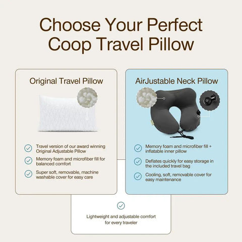 Travel And Camping Adjustable Pillow comparison with compressible stuff sack, showing small 19 by 13 inch pillow with memory foam and cover.