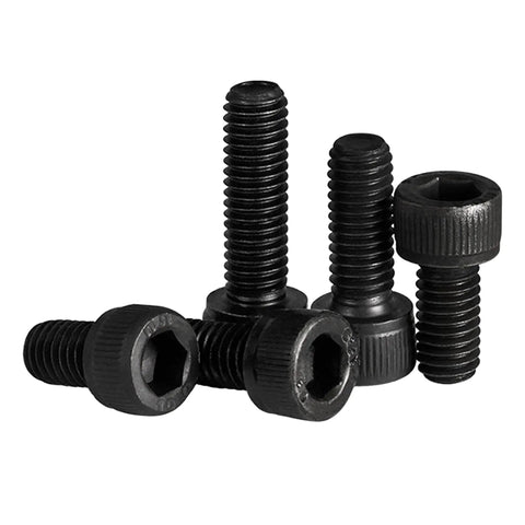 Premium Grade 14.9 Alloy Steel Hex Socket Head Cap Screws M1.4 X 6mm Black Oxide Coating 30 Pack in a pile.
