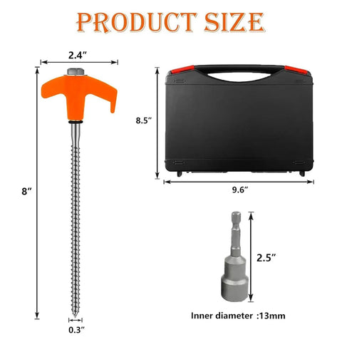 8 Inch Heavy Duty Screw In Tent Stakes 12 Pack With Hex Socket And Storage Case Drill In Ground Anchors dimensions