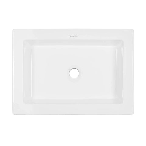 Top view of Plaisir Ceramic Rectangular Vessel Sink For Bathroom Vanity In Glossy White Slick Above Counter Install, Scratch Resistant Porcelain Non Porous Finish, Easy To Clean Surface, Modern White Vessel Basin With Lifetime Warranty.