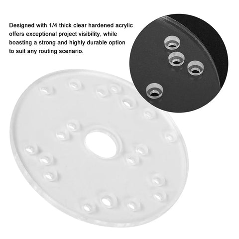 Clear Universal Router Sub Base Plate With Centering Pin And Mounting Screws For Trim Routers Delivers Dead Nuts Stability And Crisp Visibility For Swift Woodworking Trims And No Sweat Setup showing clear acrylic base with mounting holes.