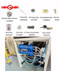 Water jet spare parts kit: nine components including check valve body, stem, rings, seal, and seat; installed machine