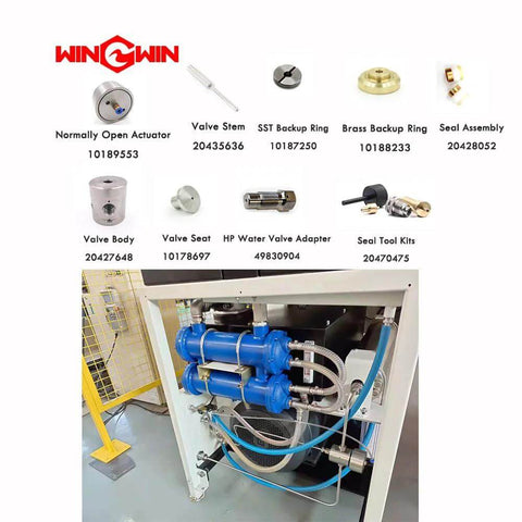 Water jet spare parts kit: nine components including check valve body, stem, rings, seal, and seat; installed machine