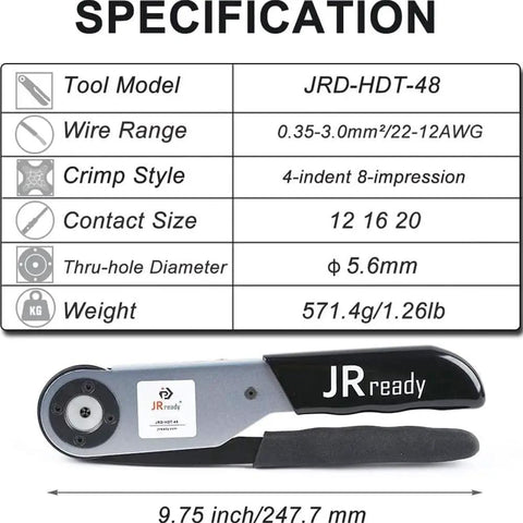 Deutsch Connector Master Kit With Turret Style Crimp Tool for 12 16 20 solid contacts featuring JRD-HDT-48 specifications