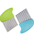 Front view of two stainless steel crinkle cutters with ribbed blades and green and blue handles.