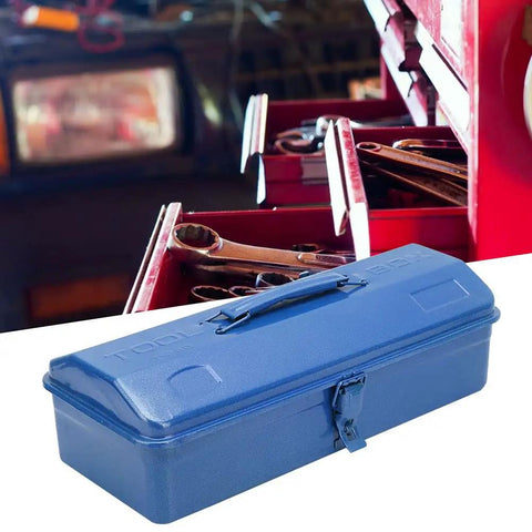 Heavy Duty Iron Toolbox With Extended Telescopic Handle Built Tough For Working Crews And Weekend Home Repair Tasks Blue Metallic Storage Container on a workshop bench.