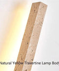 Linear Wall Sconce Wood Grain Strip Wall Light Slim Vertical Lamp Modern Minimalist Fixture Warm Lighting for Bedroom Living Room Hallway Background Wall Decor showcasing natural yellow travertine lamp body.