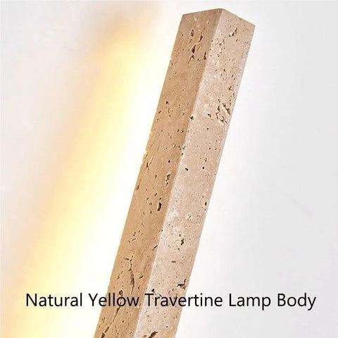 Linear Wall Sconce Wood Grain Strip Wall Light Slim Vertical Lamp Modern Minimalist Fixture Warm Lighting for Bedroom Living Room Hallway Background Wall Decor showcasing natural yellow travertine lamp body.