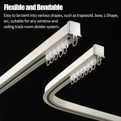 Curved Curtain Track System Extra Long Heavy Duty Recessed Ceiling Rod For Bay Windows Showers And Room Dividers Built Tough Aluminum Track Easy To Cut To Fit Weather Resistant With Smooth Single Roller Hooks, flexible aluminum track with hooks