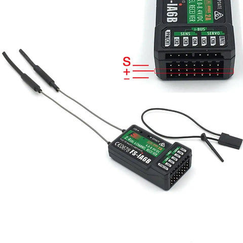 Six Channel 2.4GHz AFHDS2A Receiver with dual antennas for RC gear, compatible with I6 series transmitters, close-up view
