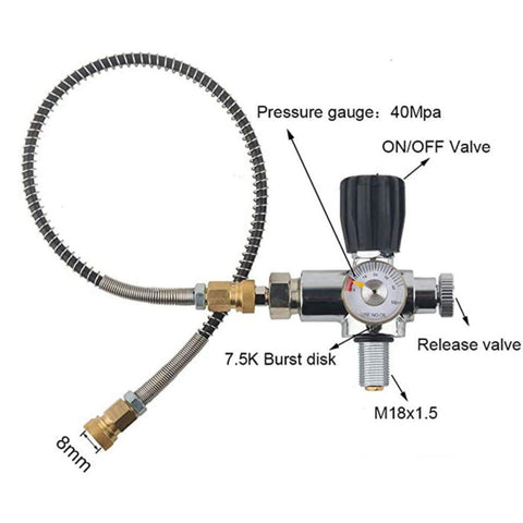 Valve regulator gauge setup for 4500 Psi 3 Liter Carbon Fiber Scuba Tank with paintball fill station, composite cylinder details.