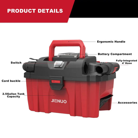 Cordless Wet and Dry Shop Vac With 20V 4.0Ah Battery And Charger, 2.5 Gallon Portable Vacuum Cleaner with labeled features