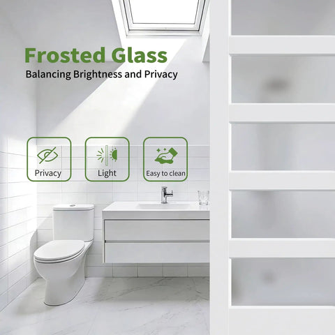 Heavy Duty Sliding Frosted Glass Barn Door With Five Panel Design And Full Roller Track Hardware Ready To Roll Smooth Glide System For Closet Bedroom Or Bathroom Modern Privacy Partition No Sweat Setup in modern bathroom.