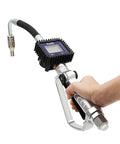 Kickass Heavy Duty Air Operated Oil Transfer Pump With Digital LCD Flow Meter Motor Fluid Dispenser Controller Fast Fill Nozzle and Rigid Hose For Shop Use, digital flow meter nozzle in hand.