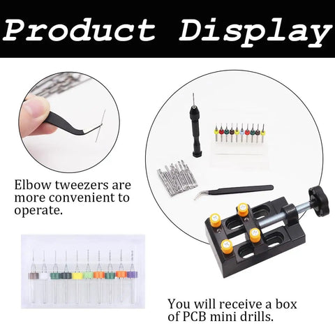Pin Vise Hand Drill Kit With A Pro Grade Durable Aluminum Alloy Handle Includes Hand Drill Elbow Tweezers Ten PCB Drill Bits And Forty Eight Twist Micro Drill Bits From 0.3 To 3.5 Millimeter For Jewelry Making Resin Craft And Model DIY display with tools and bits