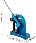 Heavy Duty 2 Ton Manual Arbor Press Desktop Punch Machine With Kickass Cast Iron Frame and Smooth Handwheel for No Sweat Metal Stamping, side view with dimensions 18.1in height and 15.1in width.