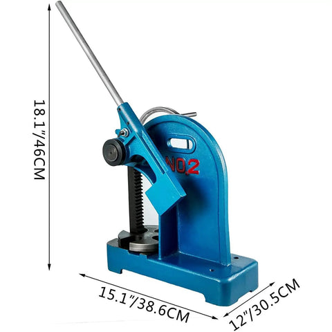 Heavy Duty 2 Ton Manual Arbor Press Desktop Punch Machine With Kickass Cast Iron Frame and Smooth Handwheel for No Sweat Metal Stamping, side view with dimensions 18.1in height and 15.1in width.