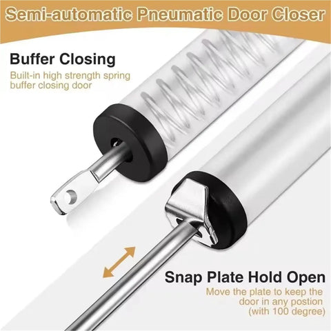 Wind-Resistant Heavy-Duty Door Closer 35Kg With Adjustable Speed featuring a polished metal finish and buffer closing mechanism.