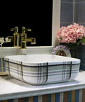 Premium Ceramic Vessel Sink, Snazzy Square Countertop Basin with plaid design on a bathroom vanity.
