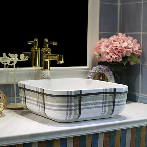 Premium Ceramic Vessel Sink, Snazzy Square Countertop Basin with plaid design on a bathroom vanity.