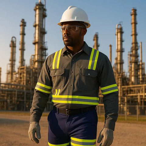 Man wearing Hi Vis Flame Resistant Shirt For On The Job Protection, Arc Flash Ready, 7 Oz 100% Cotton, NFPA 2112 HRC 2, Large