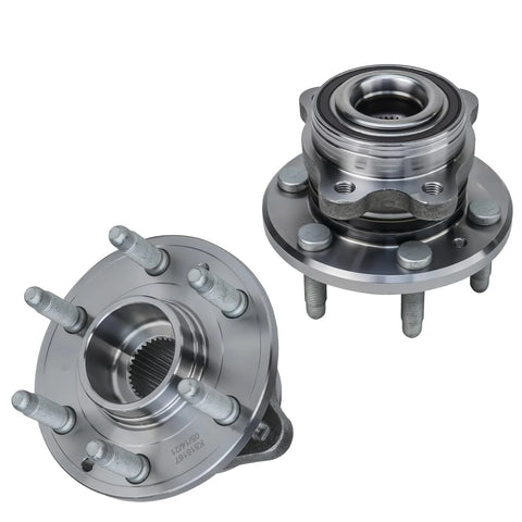 2 Pack Front Wheel Bearing Hubs Assembly For 2015-2021 Chevy Colorado And GMC Canyon 4WD Front 6 Bolt ABS Tone Ring Hub Replacement Bearings Set Premium Quality Replacement Kit, front view of two steel hubs with bolts