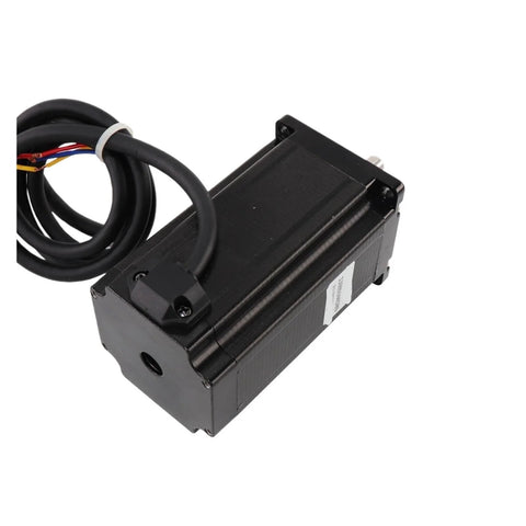 Side view of black NEMA 23 2.8A 4-lead bipolar stepper motor with attached cable for CNC/3D printer.