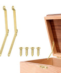 2 Pack Folding Lid Support Hinges 180 Degree Rotatable Brass Lid Stay Hinge For Cabinets Wardrobes Jewelry Boxes Cupboards And Storage Shelves Gold Tone 4.3 By 0.4 Inches, shown with screws and installed on a wooden box.