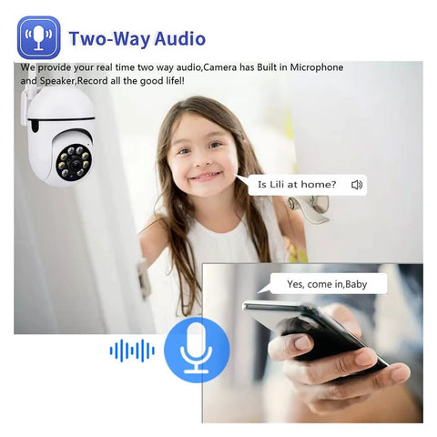 Keep Your Homestead Secure And Sound With This 5MP Wireless PTZ Security Camera featuring two-way audio and a smiling girl.
