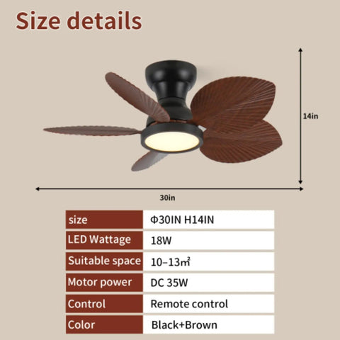 Yunstore Coveview Tropical-Style 30-Inch Ceiling Fan - 6-Speed Settings with palm-leaf blades showing size details.
